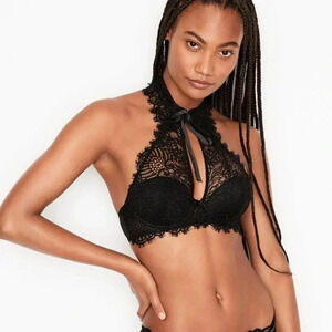 NWT Victoria's Secret 36D Dream Angels Black Lace Demi Bra w/ Collar and Tie